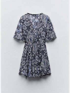 Zara Blue and White Floral Print Casual Dress